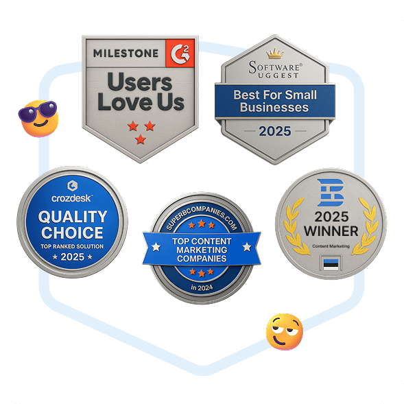 Collaborator’s five award badges: G2 Users Love Us, SoftwareSuggest Best for Small Businesses 2025, Crozdesk Quality Choice 2025, Superbcompanies Top Content Marketing Companies 2024, and 2025 TechBehemoths Content Marketing Winner