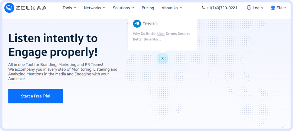 Zelkaa homepage promoting social listening tool for branding, marketing, and PR teams.